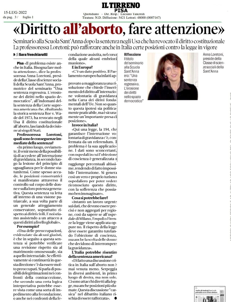 Il Tirreno: La Professoressa Loretoni sul diritto all’aborto